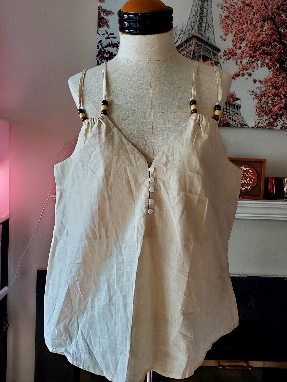 Cupshe Natural Beige Linen V-Neck Cami with Double Straps 100% Cotton - Picture 2 of 6